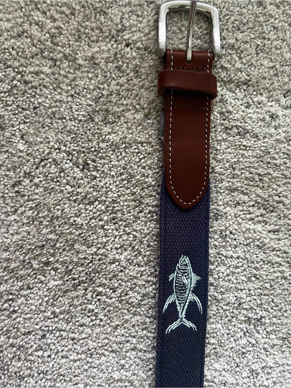 Vineyard Vines Men’s Navy Embroidered Fish Canvas Belt with Brown Leather Trim